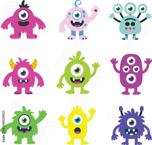 Cute colorful cartoon monsters collection, playful fantasy creature characters, fun kids illustration set, adorable whimsical one-eyed monsters for creative design projects