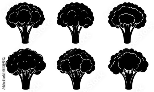 Stylized black broccoli silhouettes arranged in a grid pattern on a white background showing variations