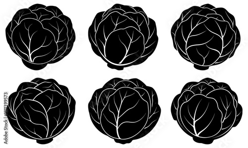 Six black and white artichokes arranged in two rows of three on a white background in vector format