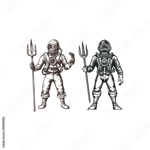 Vintage hand-drawn illustration of a retro deep-sea diver wearing an old-fashioned heavy suit and holding trident