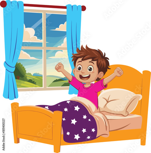 Happy cartoon boy waking up in bright bedroom morning scene, cheerful child stretching in bed, playful kids illustration for education