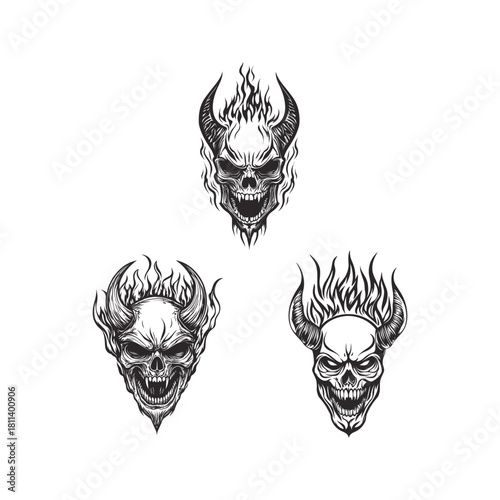 Fiery dark illustration of an aggressive horned skull engulfed in flames vector template