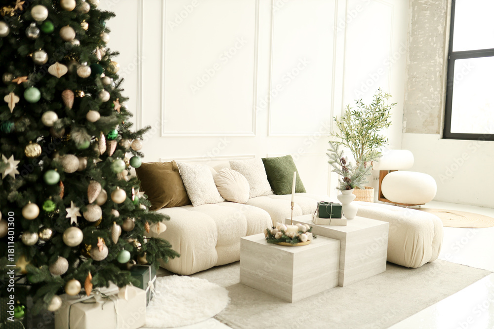 Fototapeta premium Christmas white interior. Living room in loft.