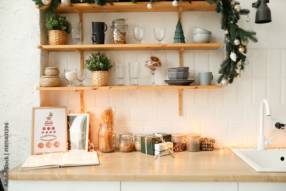 Naklejka premium Christmas white interior. Living room in loft.