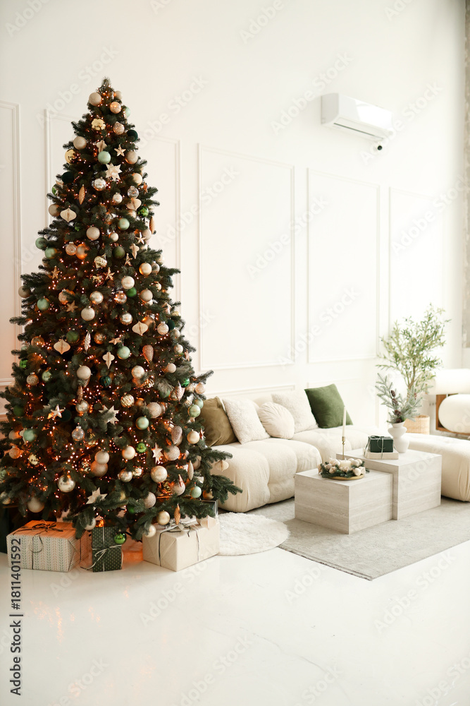 Naklejka premium Christmas white interior. Living room in loft.