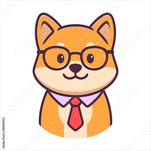 Cute Shiba Inu dog wearing glasses and a tie, depicting a smart professional. This engaging flat vector logo illustration is ideal for business, education, or technology brands