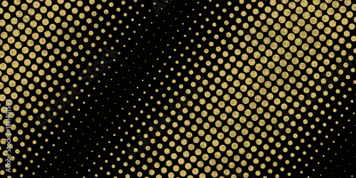 Abstract luxury banner with golden glittering dots on black background. Sparkling glitter bottom border, vector frame. Halftone effect. Magical gold dust. Pop art style backdrop.