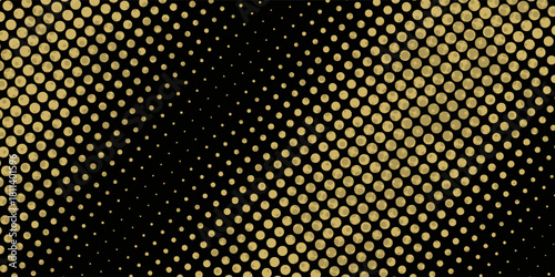 Abstract luxury banner with golden glittering dots on black background. Sparkling glitter bottom border, vector frame. Halftone effect. Magical gold dust. Pop art style backdrop.
