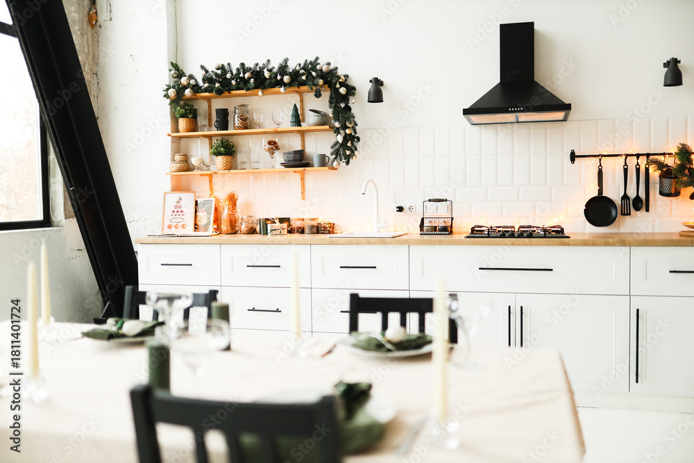 Fototapeta premium Christmas white interior. Living room in loft.