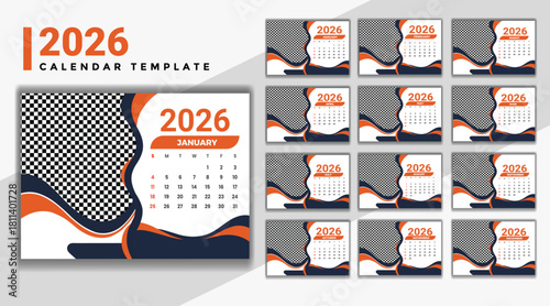 2026 desk calendar template with modern orange and dark blue wavy shapes for business planning schedule Vector