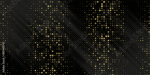 Abstract luxury banner with golden glittering dots on black background. Sparkling glitter bottom border, vector frame. Halftone effect. Magical gold dust. Pop art style backdrop.