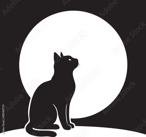 Cat looking at a giant moon sphere silhouette vector