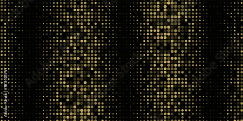 Abstract luxury banner with golden glittering dots on black background. Sparkling glitter bottom border, vector frame. Halftone effect. Magical gold dust. Pop art style backdrop.