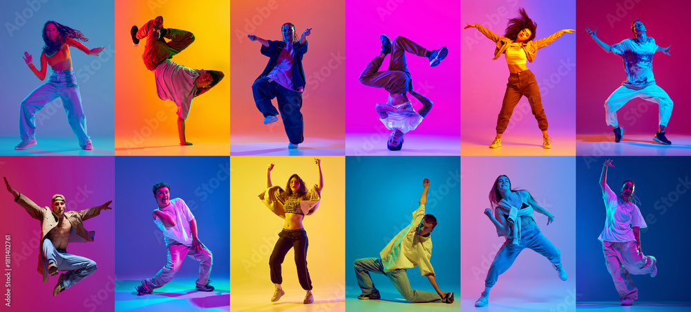 Naklejka premium Dynamic breakdance collage featuring 10 diverse dancers in bold neon studio lighting. Concept of modern street culture visuals, energetic dance promotion, and youth lifestyle content