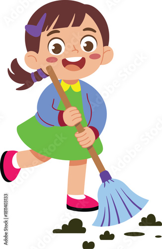 Happy little girl cleaning floor with broom, child doing household chores, learning responsibility, domestic help, cute cartoon illustration of kid sweeping
