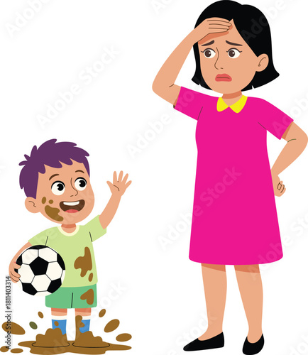 Little boy covered in mud holding soccer ball, worried mother looking at messy child, parenting challenge, funny childhood moment illustration