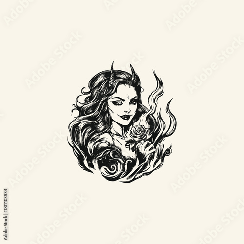 dark illustration of a seductive female demon or succubus with curved horns and vintage wavy hair. The figure smiles menacingly while clutching a bouquet of roses