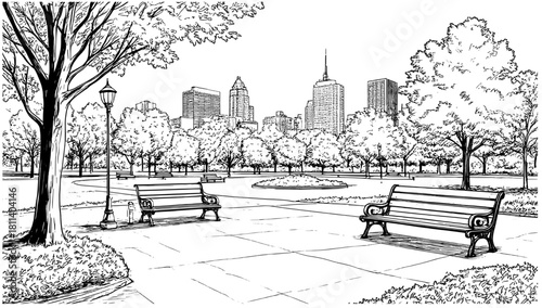 A city square with paths between lawns and trees. Wooden benches and park lights. Vector illustration. City silhouette behind the treetops.95