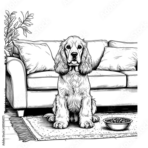 A Cocker spaniel or retriever sits on a mat in the house, a black and white sketch. vector illustration. A funny dog is sitting next to the sofa, isolated in white background54