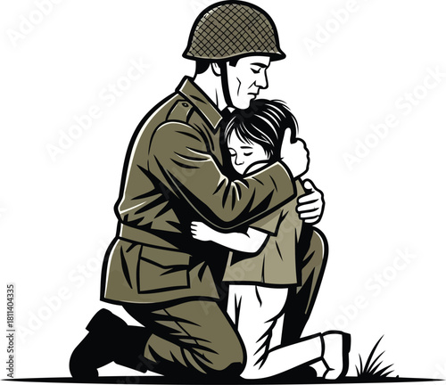 Soldier Returns Home Hugging Child - Patriotic Military Reunion Vector Art