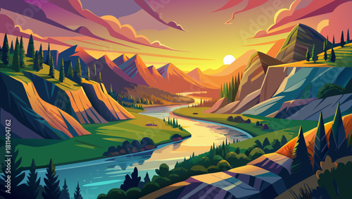 Very beautiful breathtaking view of the Knife River region featuring lush rolling landscapes, a gently winding river glowing at sunset, and serene natural scenery honoring the area’s rich cultural her