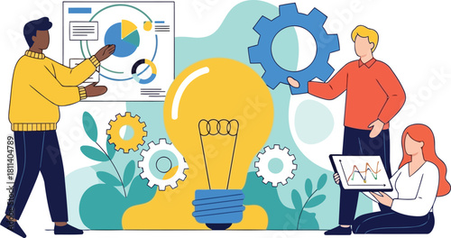 Creative team generates innovative business ideas with data analytics and collaborative solutions