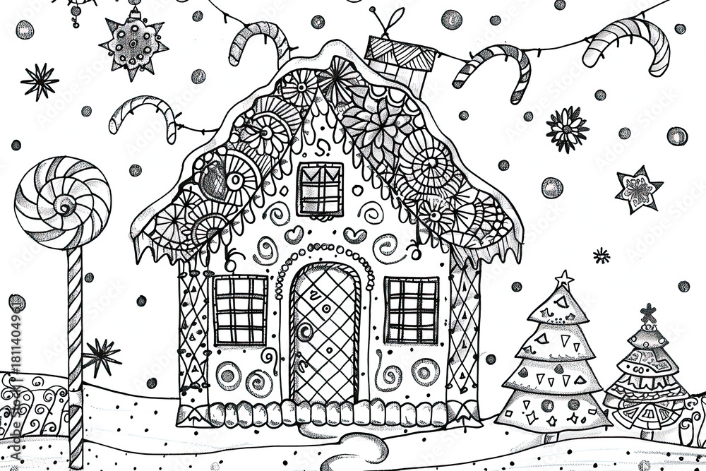 Fototapeta premium Christmas coloring page featuring snowflakes and cheerful seasonal characters