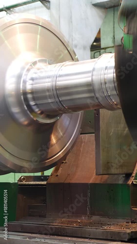 Steel billet turns in lathe while machine forms turbine rotor. Process part of wind power equipment upgrade during overhaul at sustainable energy production facility