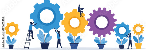 Teamwork Illustration with Gears and People, Business Process and Solutions Concept
