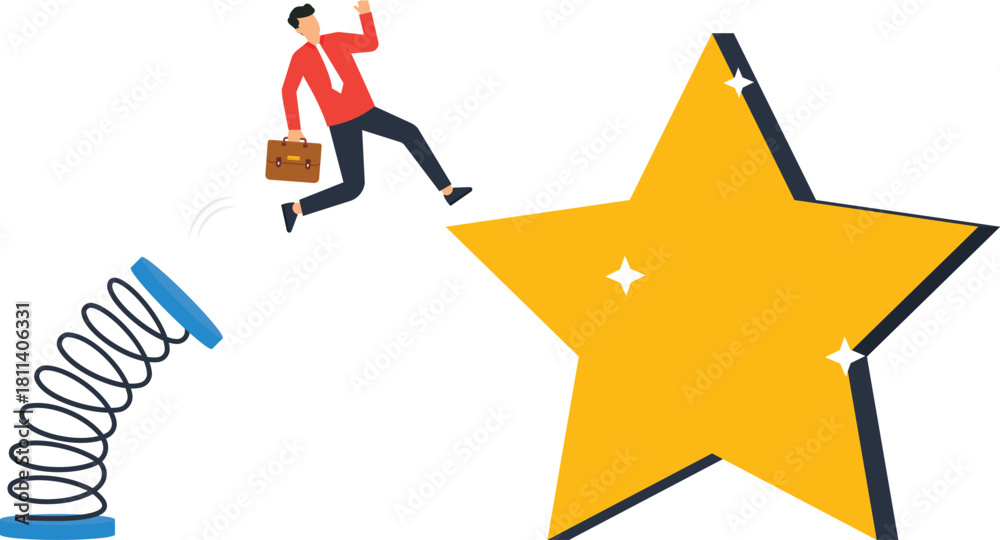 Fototapeta premium Businessman jumping career growth reaching success achieving goals springboard launch golden star business ambition corporate success performance boost upward mobility career leap