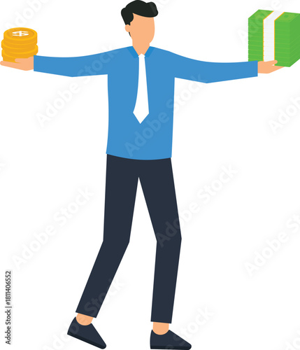 Businessman holding money balancing coins cash stacks financial decision investment choice wealth management profit comparison asset allocation business finance financial success