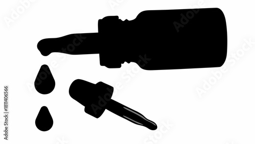 Black silhouette of a dropper bottle with two drops and a dropper lying next to the bottle image