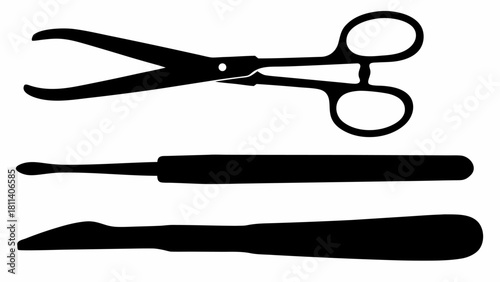 Silhouette of surgical instruments including forceps and scalpels in black and white design