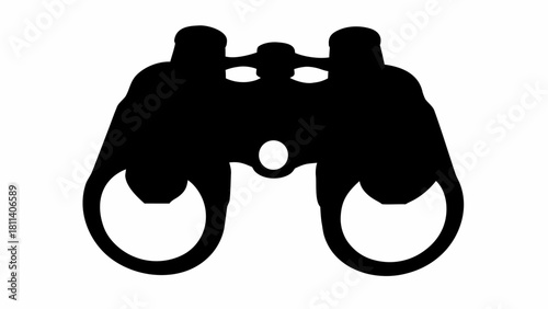 Silhouette of binoculars with distinct lenses and central focusing knob on a white background view