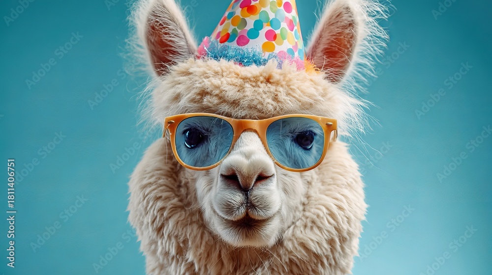 Naklejka premium Adorable llama wearing party hat and sunglasses ready to celebrate a special occasion with a fun, festive vibe perfect for invitations and promotions