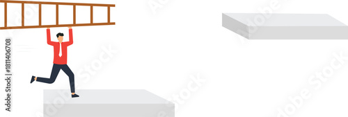 Businessman carrying ladder bridging gap business solution overcoming obstacle career growth strategic planning finding opportunity achieving success corporate development problem solving