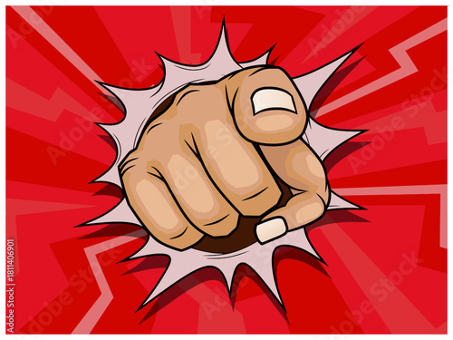 A dynamic pop art illustration of a hand pointing directly at the viewer breaking through a red, radial background. Perfect for conveying a strong call to action, warning, or command in a retro comic 