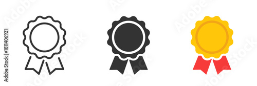 Medal icon set. Approved or certified medal icons. Line, glyph and flat style. Certified, qualified, the best, check mark and number one. Vector illustration