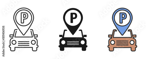 Parking icon set. Public parking and parking location symbol. Map parking pointer. Line, glyph and flat style. Vector illustration.