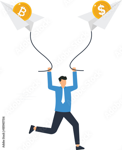 Businessman running, paper airplane, Bitcoin coin, Dollar coin, cryptocurrency investment, financial choice, economic competition, fintech concept, currency exchange, digital money