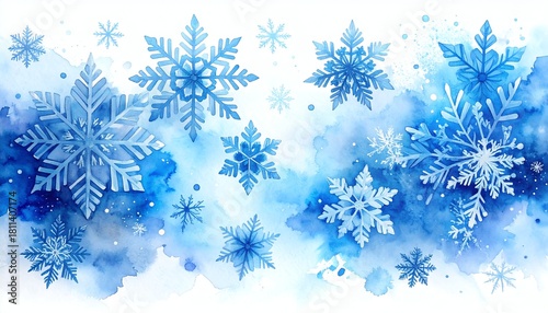 Watercolor blue snowflake winter background features delicate icy patterns, cool tones, and abstract splashes, creating a calm seasonal and festive design.