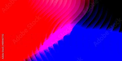 Neon ribbed fractal glass 3d background. Holographic vertical stripe pattern with vibrant purple blue yellow gradient. Abstract black bg, iridescent texture lines in radiant colors. 3D illustration