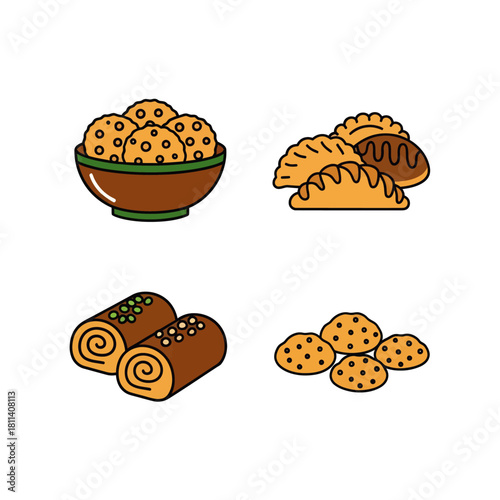 Assorted Breakfast Items Featuring Cereals Pastries and Cookies for Morning