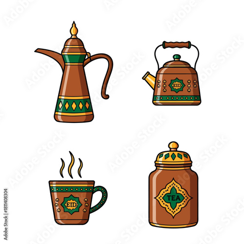Collection of traditional Middle Eastern teapots and tea mug illustration