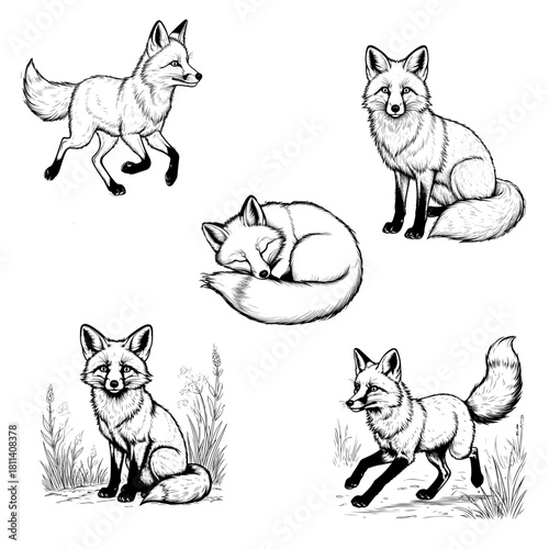 A fox, a sleeping and sitting animal set, runs along a path in the grass, black and white sketch. Vector illustration. A predatory and cunning animal, isolated on a white background.60
