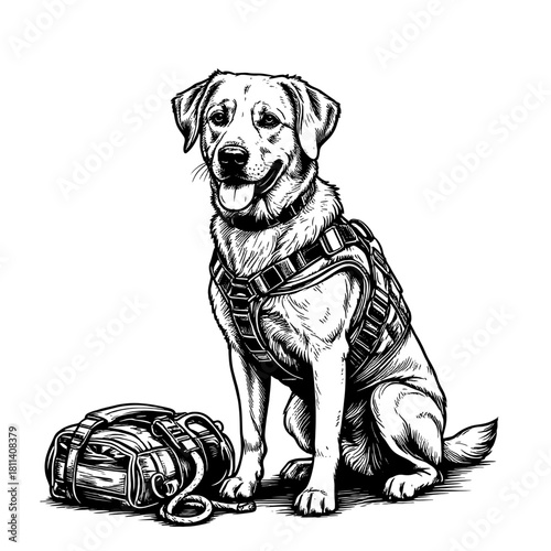 Service dog in equipment, black and white sketch. Digital illustration. Purebred rescue or guide dog, the drawing is isolated on a white background30