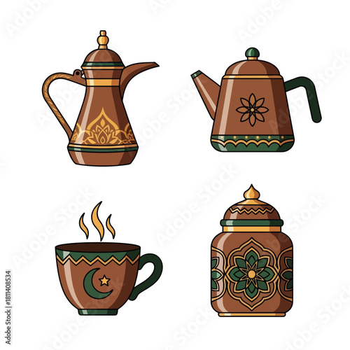 Set of four traditional hand-painted teapots and cups with intricate patterns