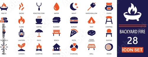 Minimal backyard icon set featuring garden tools, outdoor furniture, plants, fire pits, landscaping, and home exterior elements.