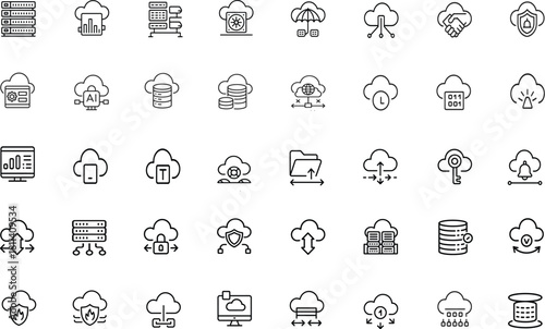 Data Storage and Cloud Computing Vector Icon Set – Secure Server, Encrypted Hosting, Cybersecurity, Monitoring & Backup Flat Illustrations