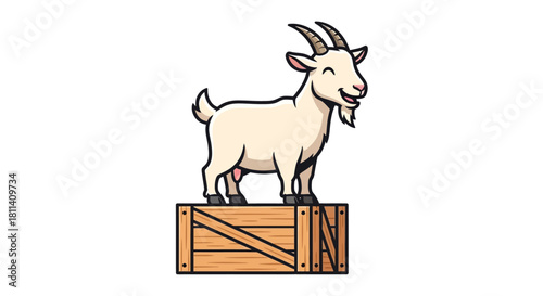 Happy Cartoon Goat Standing on Wooden Crate Isolated White Background